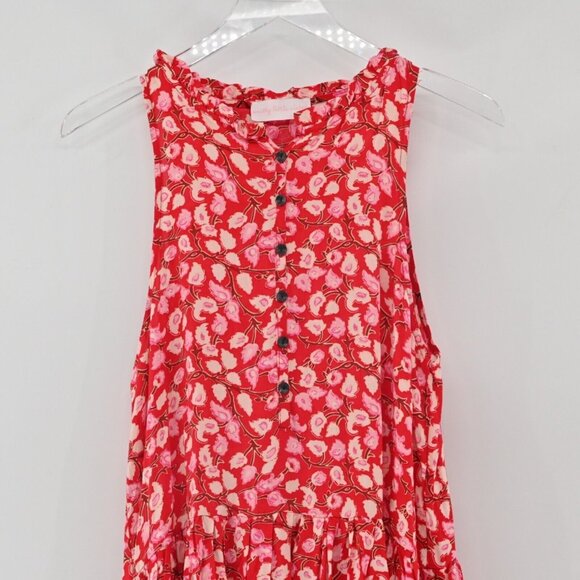 PRETTY LITTLE SISTER Dress Womens Size M Red Floral Cotton Ruffle Maxi Tank Boho - Picture 3 of 12